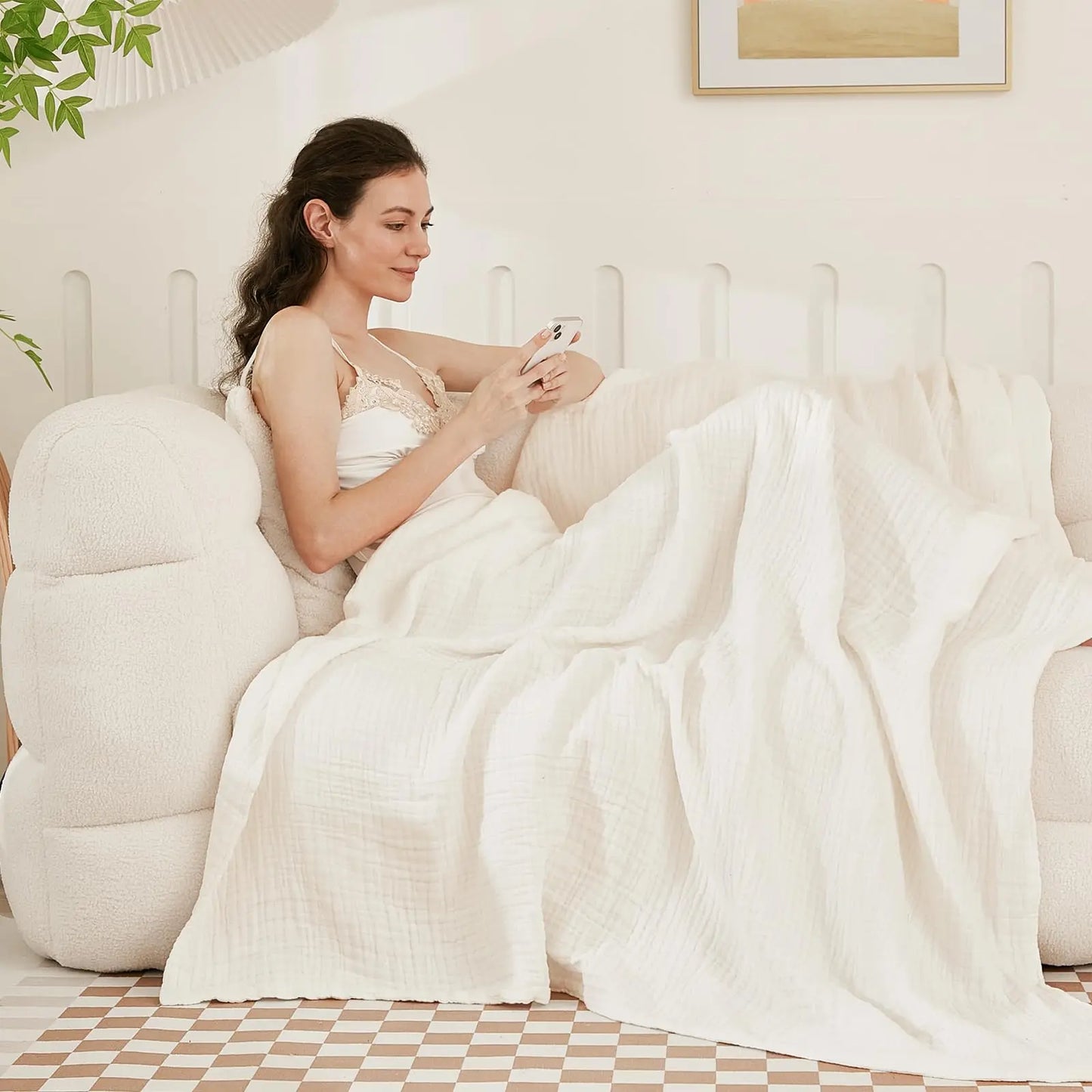 EMME Cotton Throw Blanket 100% Muslin Soft Blanket for Couch 4-Layer Breathable Gauze All Season Soft and Lightweight Pre-Washed Cotton Blanket(White, 140 x 190cm) Angel Wishes