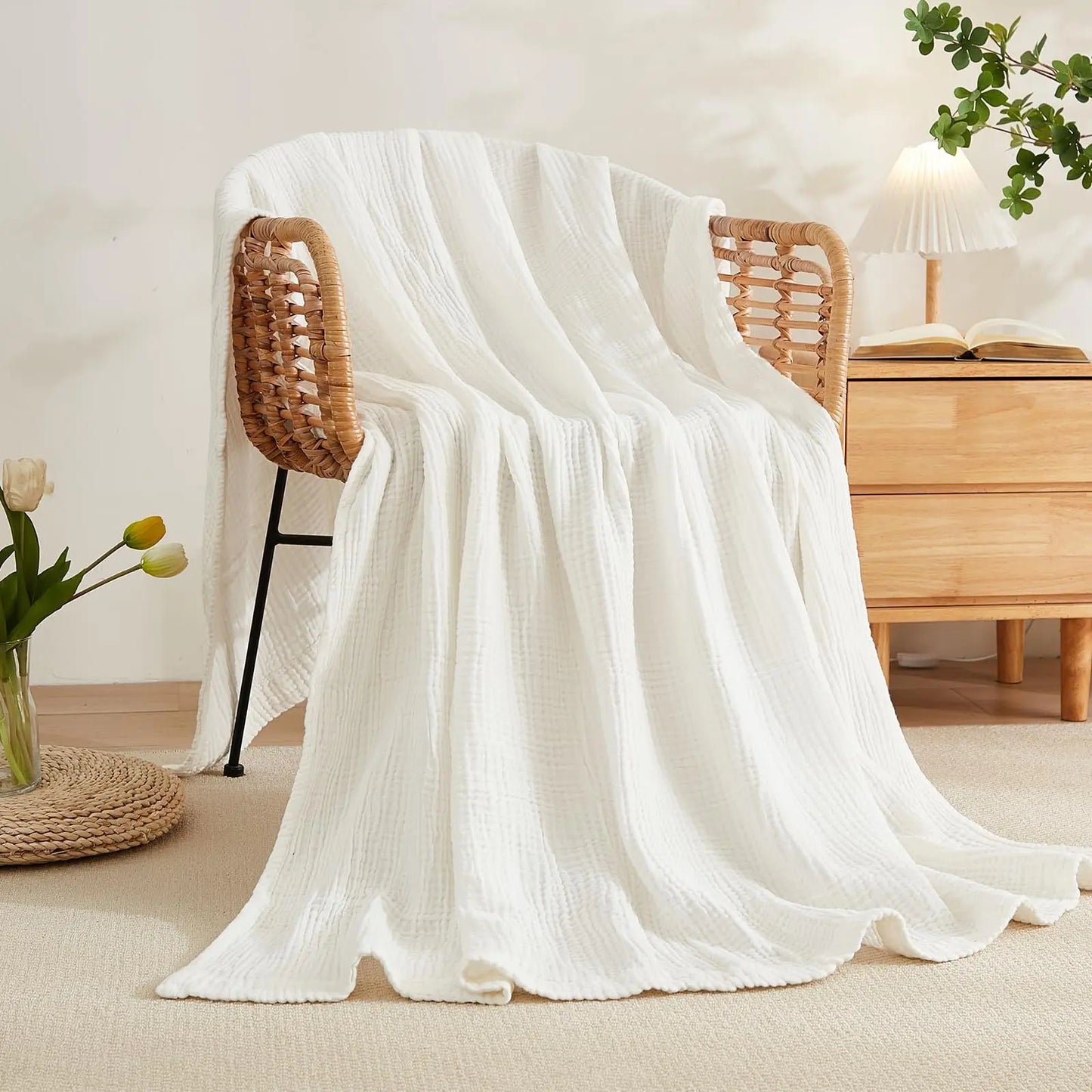 EMME Cotton Throw Blanket 100% Muslin Soft Blanket for Couch 4-Layer Breathable Gauze All Season Soft and Lightweight Pre-Washed Cotton Blanket(White, 140 x 190cm) Angel Wishes