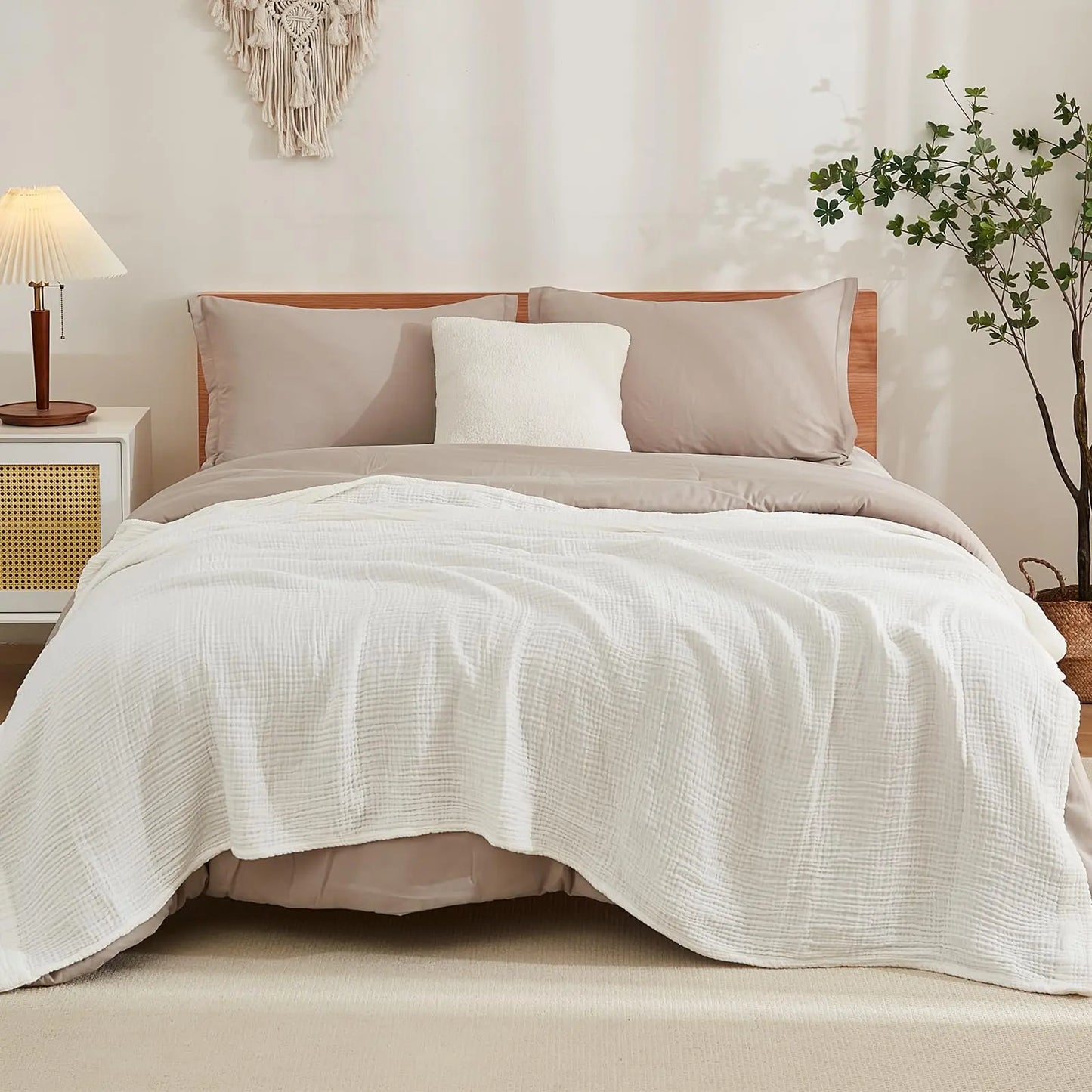 EMME Cotton Throw Blanket 100% Muslin Soft Blanket for Couch 4-Layer Breathable Gauze All Season Soft and Lightweight Pre-Washed Cotton Blanket(White, 140 x 190cm) Angel Wishes