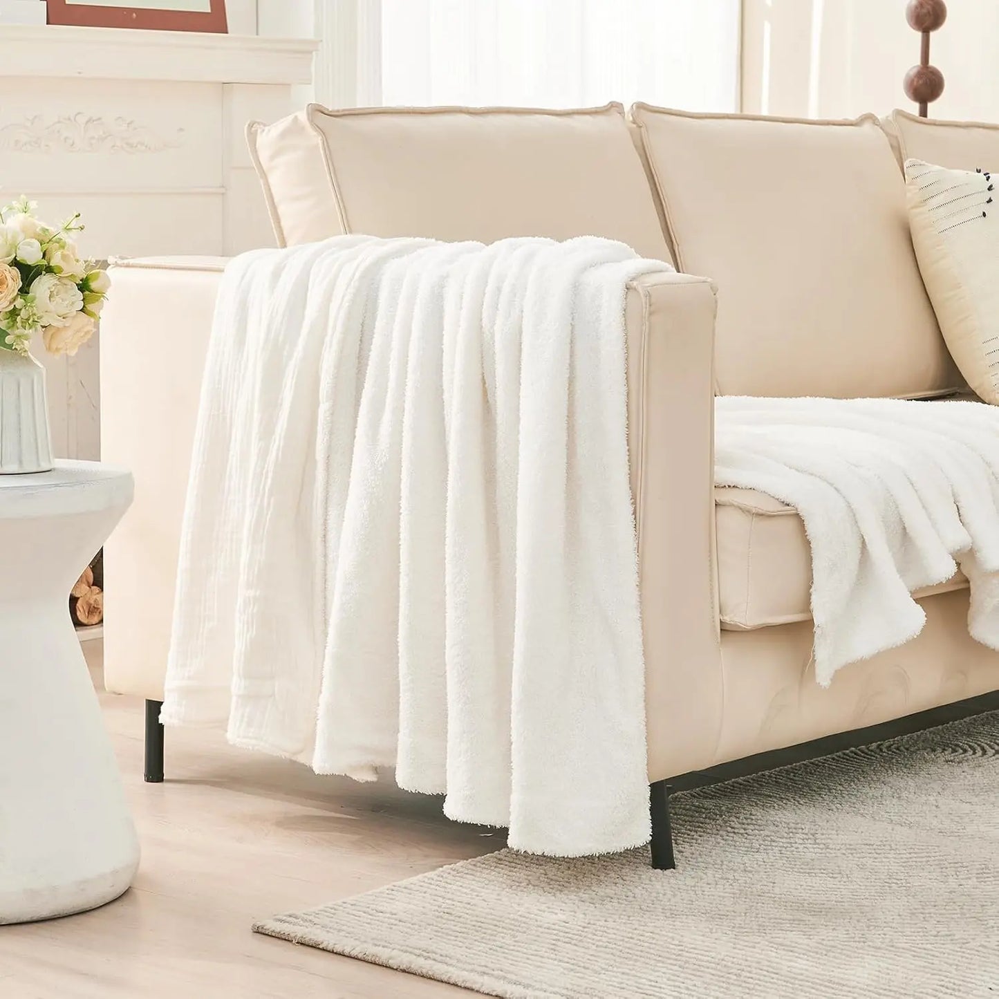 EMME Cotton Throw Blanket 100% Muslin Soft Blanket for Couch 4-Layer Breathable Gauze All Season Soft and Lightweight Pre-Washed Cotton Blanket(White, 140 x 190cm) Angel Wishes