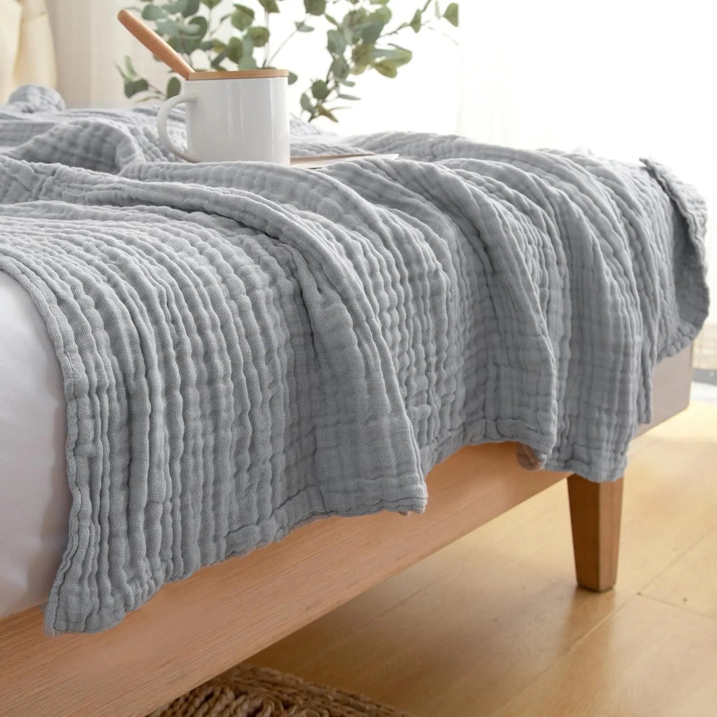 EMME Cotton Throw Blanket 100% Muslin Soft Blanket for Couch 4-Layer Breathable Gauze All Season Soft and Lightweight Pre-Washed Cotton Blanket(White, 140 x 190cm) Angel Wishes