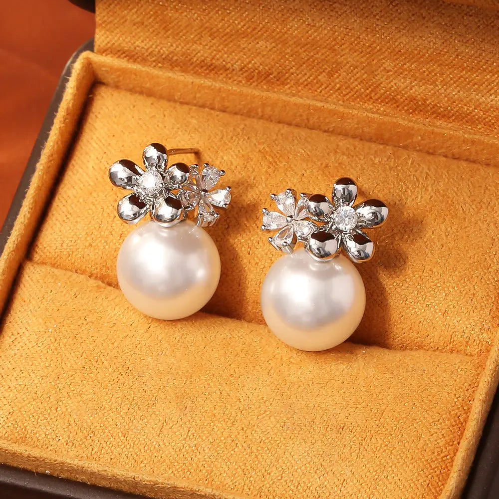 Flower Inlaid Zirconium Pearl Stud Earrings Fashion Exquisite And Versatile Angel Wishes