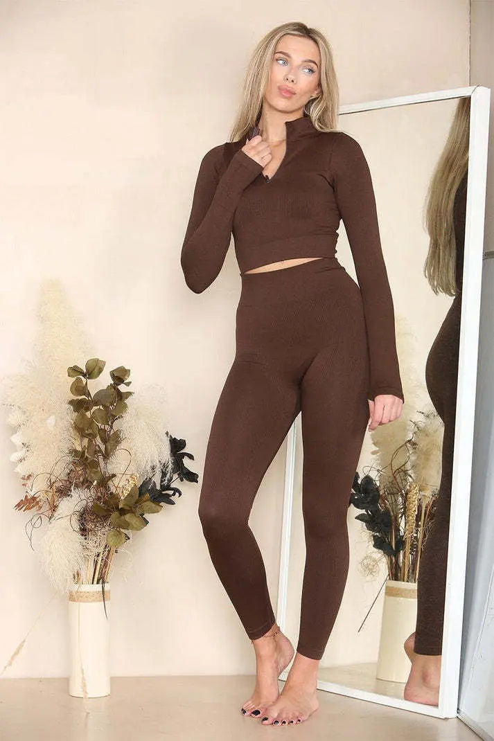 Ribbed Tracksuit Two Piece Set With Half Zip Detail Gym Loungewear Angel Wishes