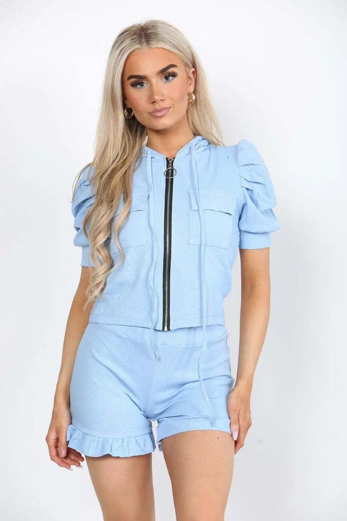 Front Pocket Zip Up Suit Ribbed Hooded Lounge Wear Short Set Angel Wishes