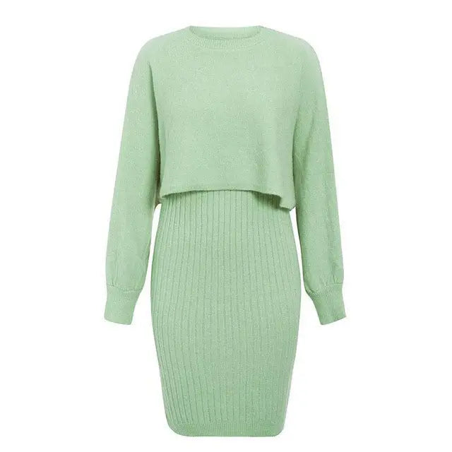 2pcs Knitted Dress Suit Fashion Solid Color Pullover Lantern-sleeved Sweater Fall Winter Women's Clothing Angel Wishes