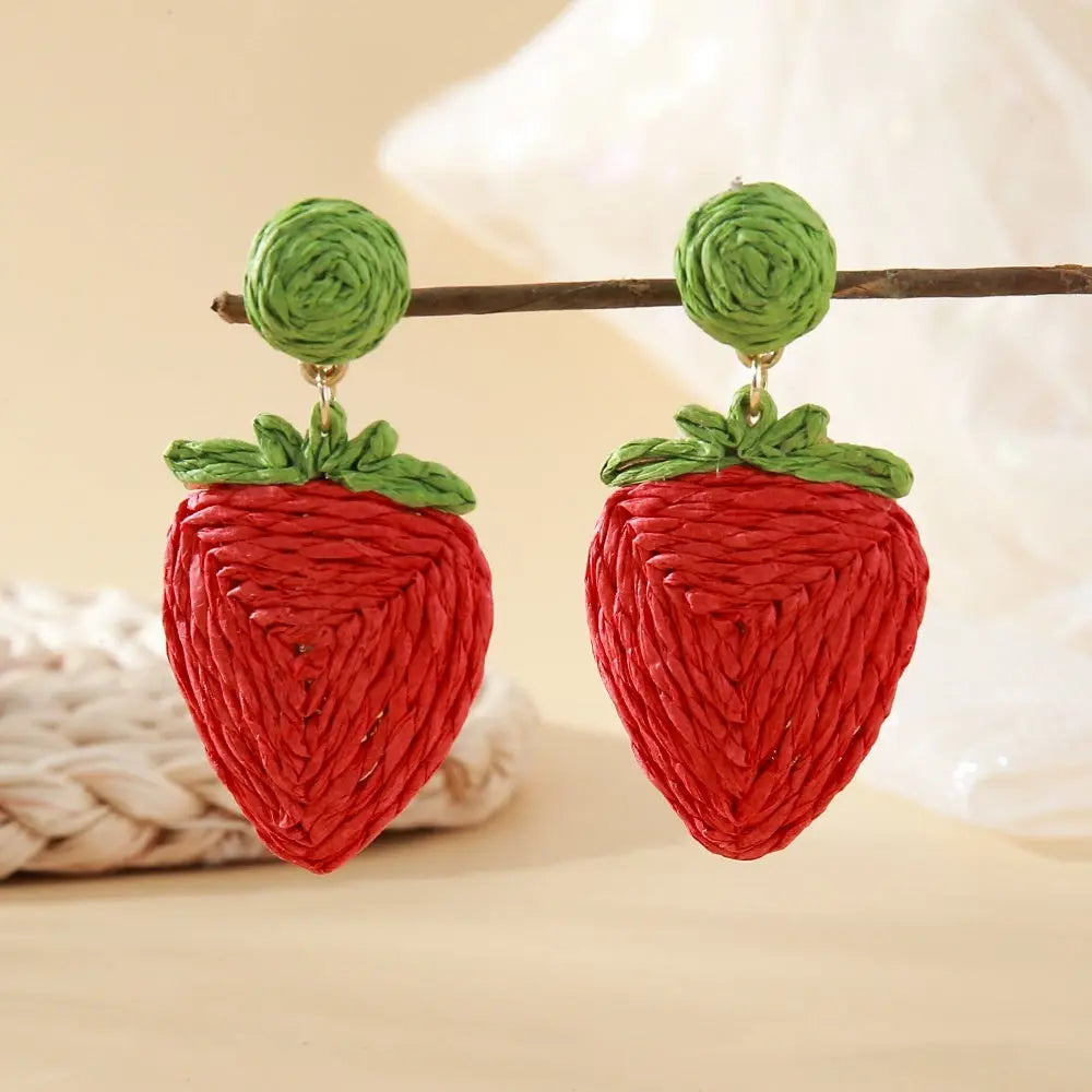 Raffia Woven Strawberry Earrings Vacation Style Angel Wishes