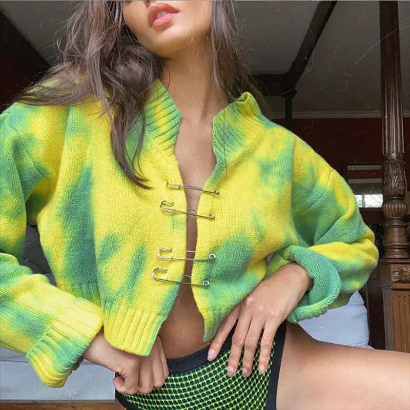 Tie-dye Pin Buckle Design Knitted Sweater Angel Wishes
