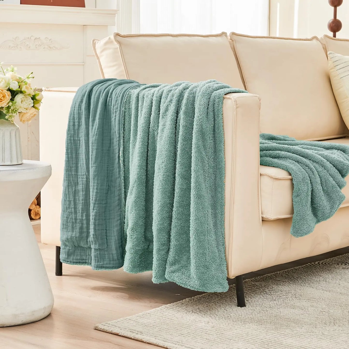 EMME Cotton Throw Blanket 100% Muslin Soft Blanket for Couch 4-Layer Breathable Gauze All Season Soft and Lightweight Pre-Washed Cotton Blanket(White, 140 x 190cm) Angel Wishes