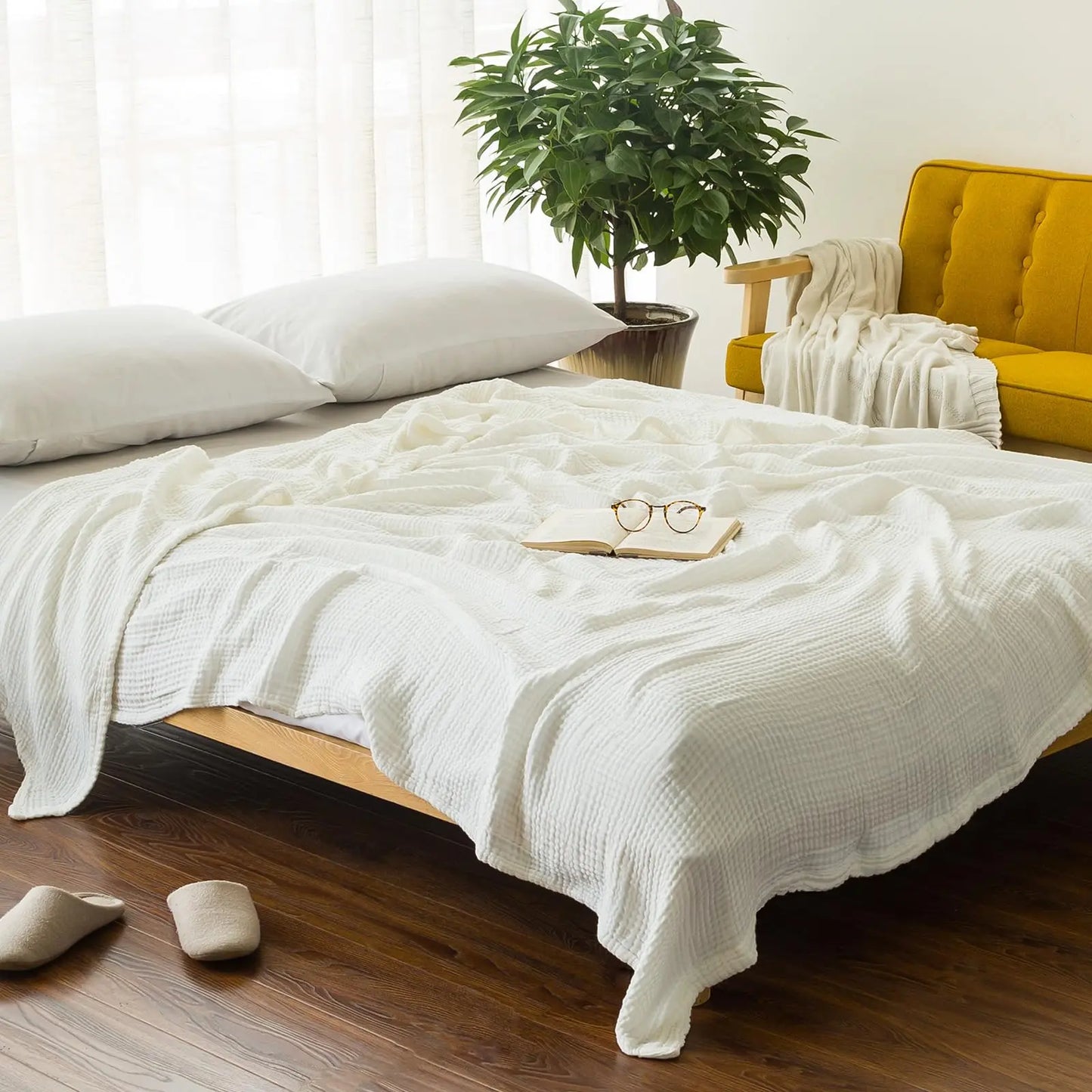 EMME Cotton Throw Blanket 100% Muslin Soft Blanket for Couch 4-Layer Breathable Gauze All Season Soft and Lightweight Pre-Washed Cotton Blanket(White, 140 x 190cm) Angel Wishes