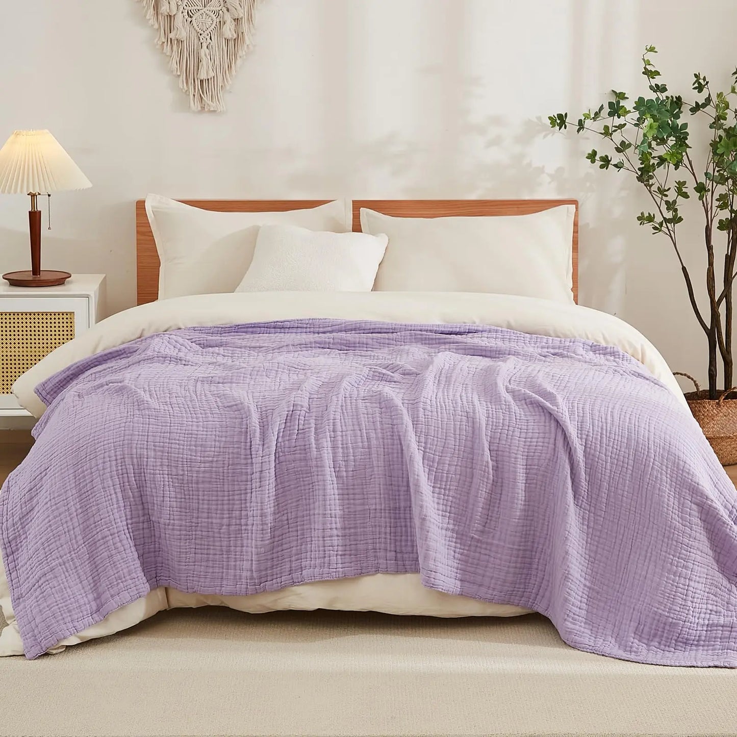 EMME Cotton Throw Blanket 100% Muslin Soft Blanket for Couch 4-Layer Breathable Gauze All Season Soft and Lightweight Pre-Washed Cotton Blanket(White, 140 x 190cm) Angel Wishes
