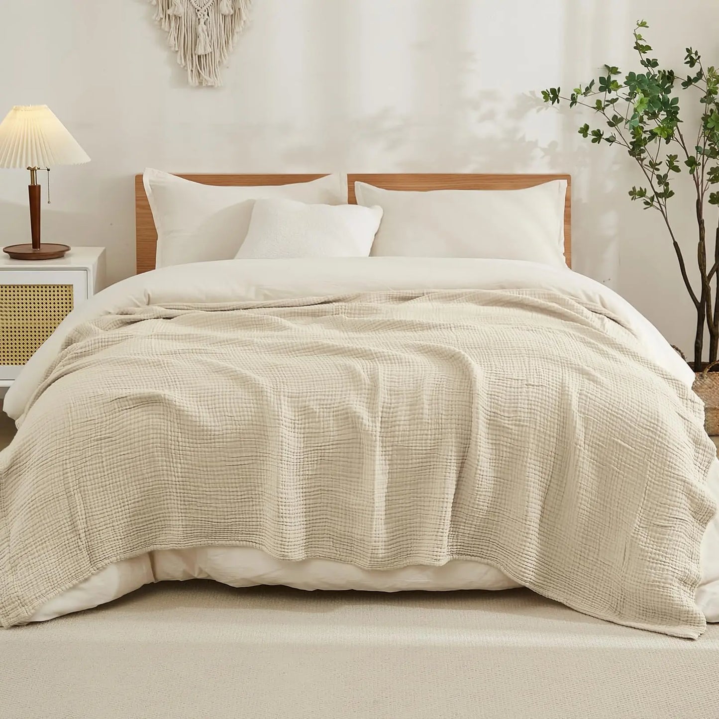 EMME Cotton Throw Blanket 100% Muslin Soft Blanket for Couch 4-Layer Breathable Gauze All Season Soft and Lightweight Pre-Washed Cotton Blanket(White, 140 x 190cm) Angel Wishes