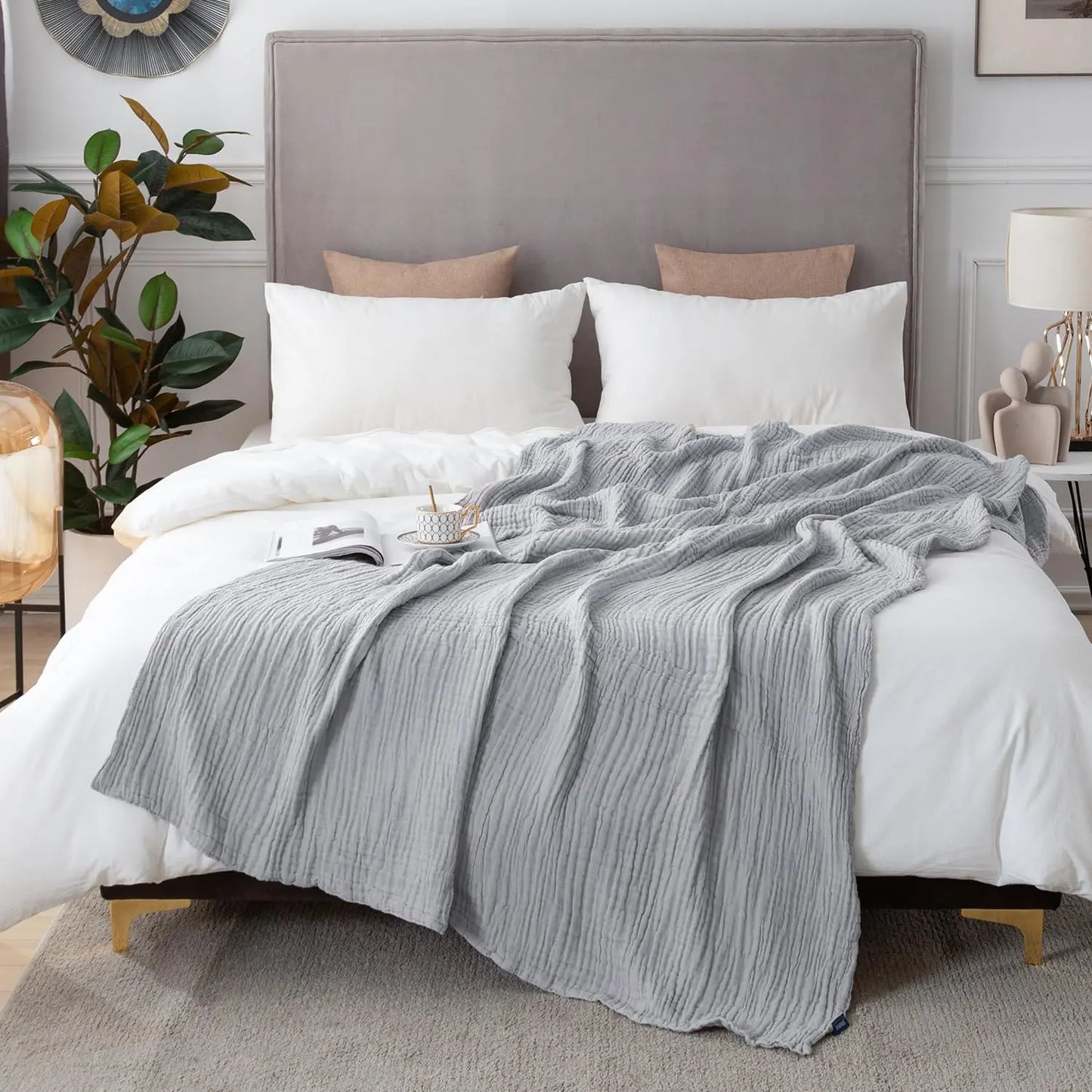 EMME Cotton Throw Blanket 100% Muslin Soft Blanket for Couch 4-Layer Breathable Gauze All Season Soft and Lightweight Pre-Washed Cotton Blanket(White, 140 x 190cm) Angel Wishes