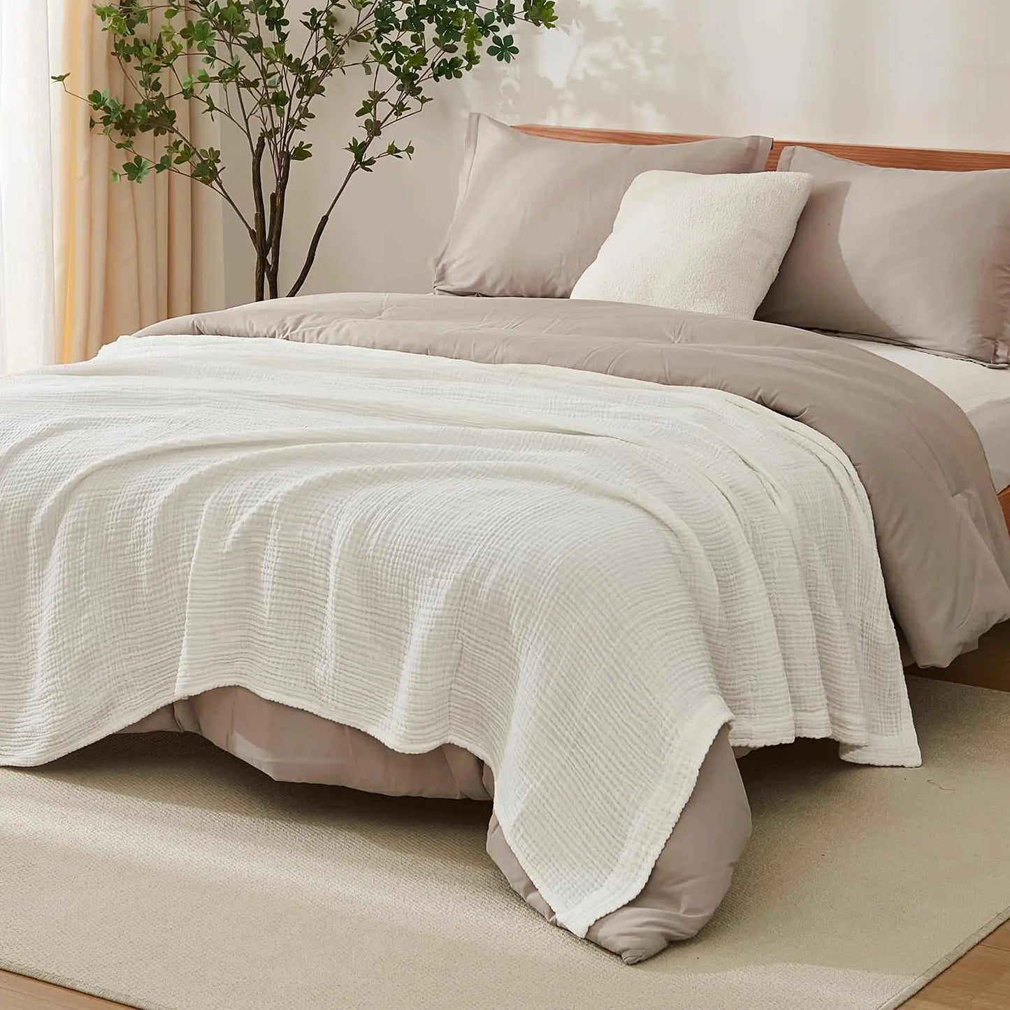 EMME Cotton Throw Blanket 100% Muslin Soft Blanket for Couch 4-Layer Breathable Gauze All Season Soft and Lightweight Pre-Washed Cotton Blanket(White, 140 x 190cm) Angel Wishes