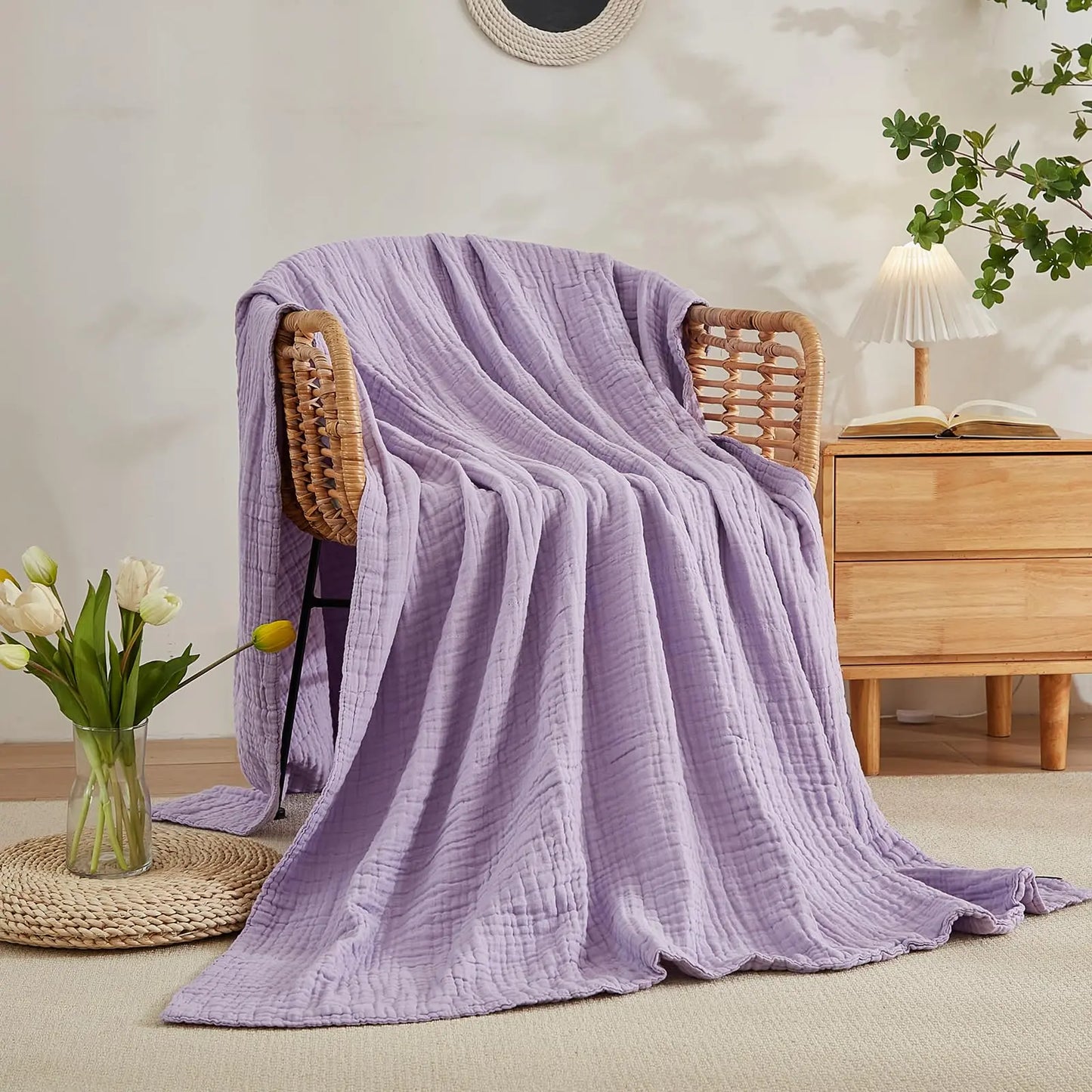 EMME Cotton Throw Blanket 100% Muslin Soft Blanket for Couch 4-Layer Breathable Gauze All Season Soft and Lightweight Pre-Washed Cotton Blanket(White, 140 x 190cm) Angel Wishes