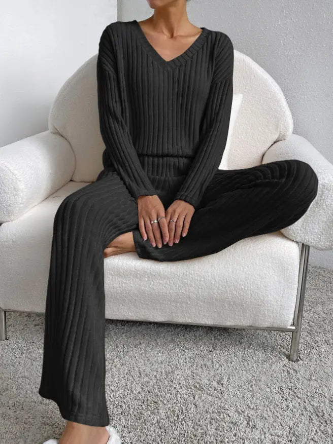 Fashion Solid Striped Suit V-neck Long-sleeved Top And Pants Angel Wishes