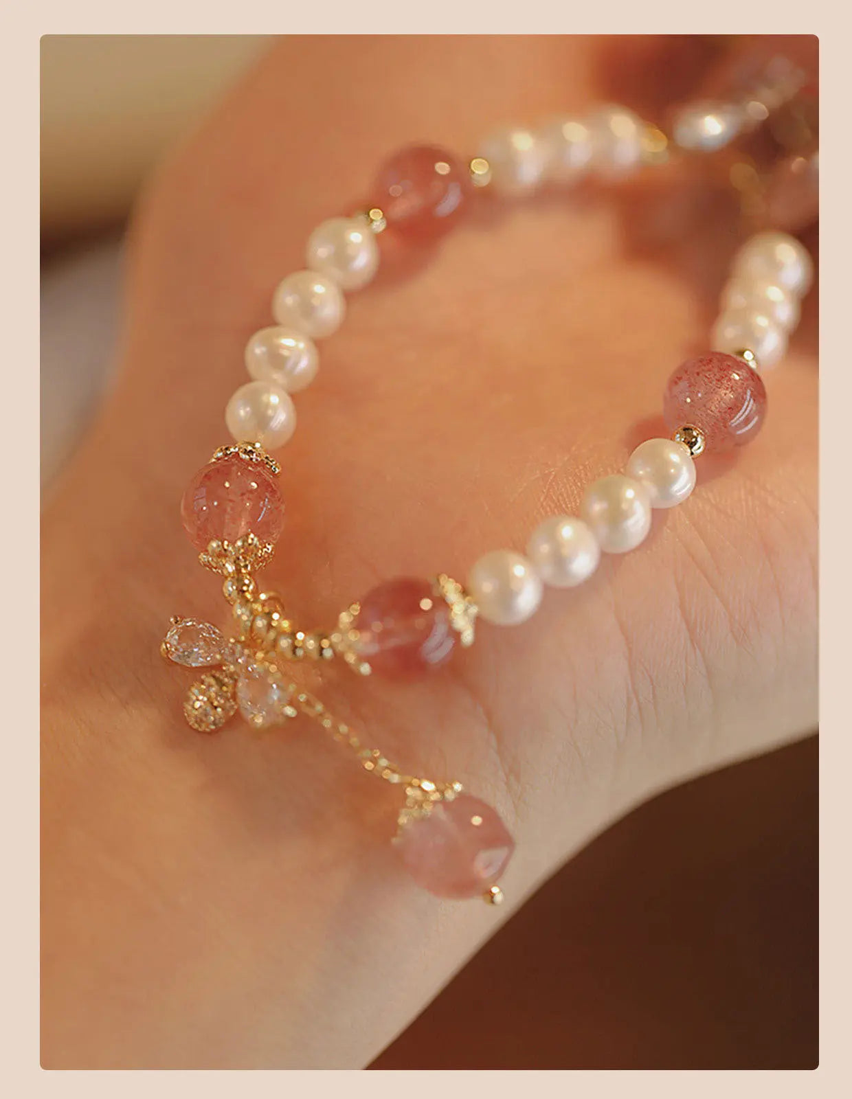 Crystal Strawberry Quartz Stringed Pearls Bracelet Angel Wishes
