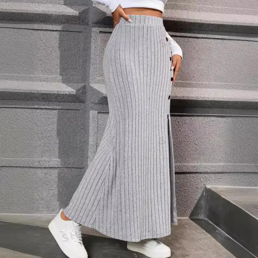 Women Knitted Dress Sunken Stripe Slit Fastener Decoration Sheath Skirt Angel Wishes