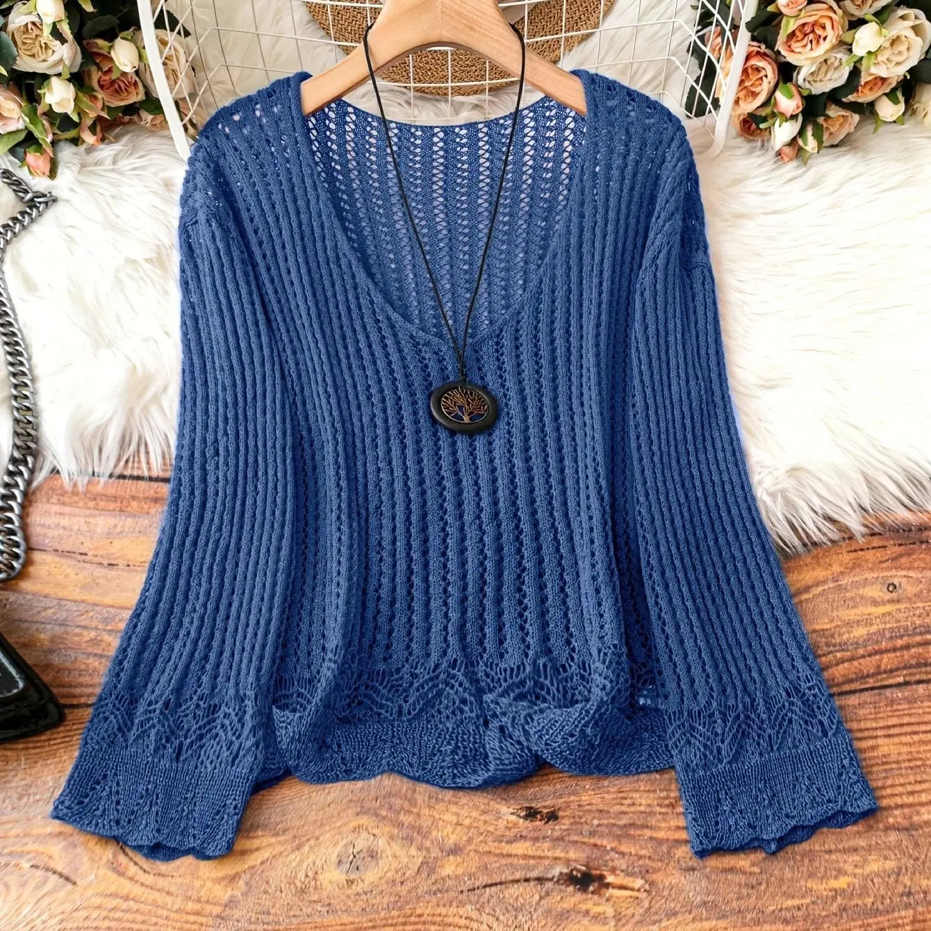 Hollow-out Spring And Summer Long Sleeves Knitted V-neck Plus Size Women's Long-sleeved Sweater Angel Wishes
