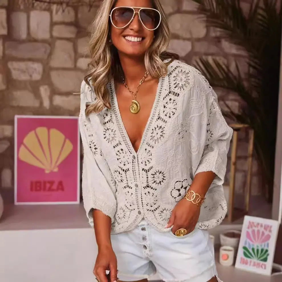 Hollow Lace Crochet Shirt V-neck Angel Wishes
