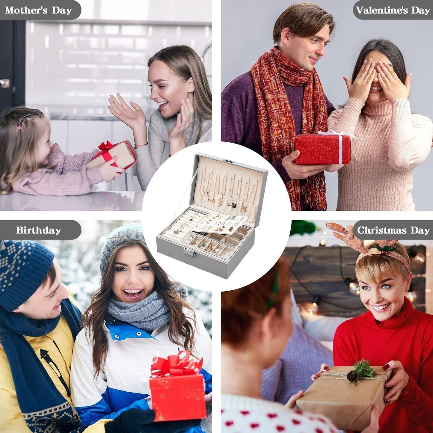 2 Layer Grey Jewellery Box Organizer Rings Necklaces Jewellry Storage Case Box Angel Wishes