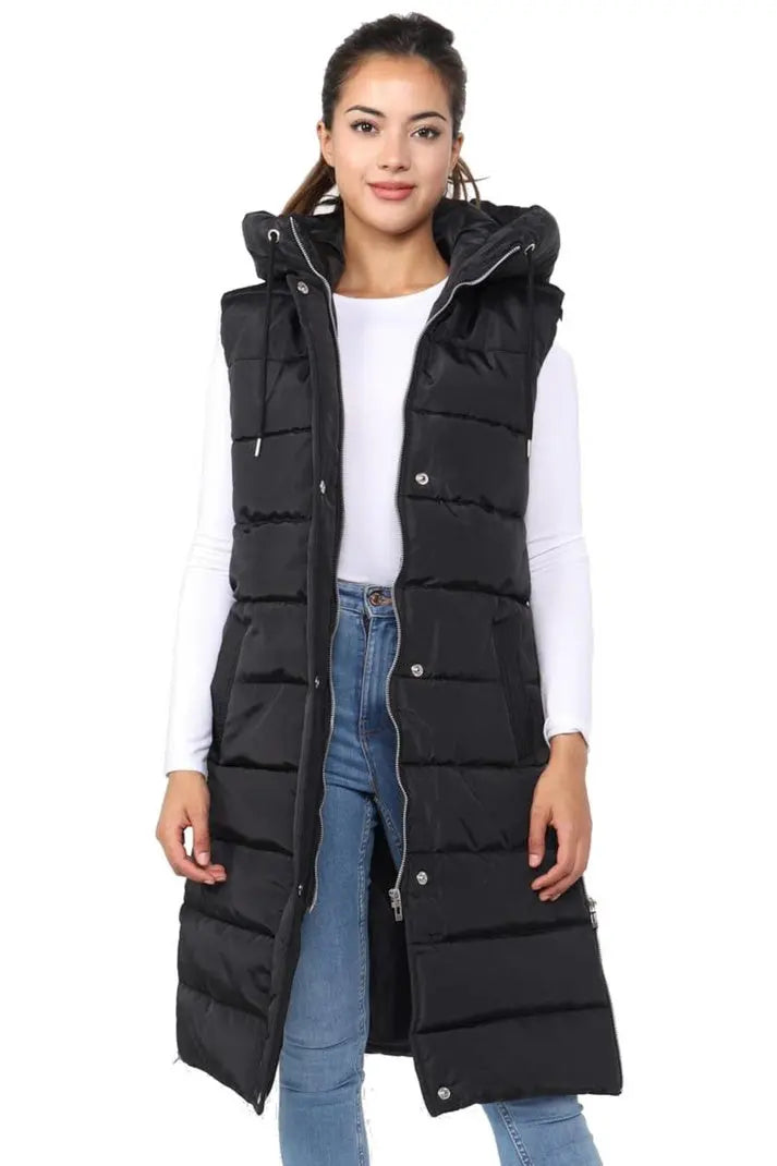 Long Hooded Gilet Ladies Girls Warm Padded Sleeveless Bodywarmer - Angel Wishes