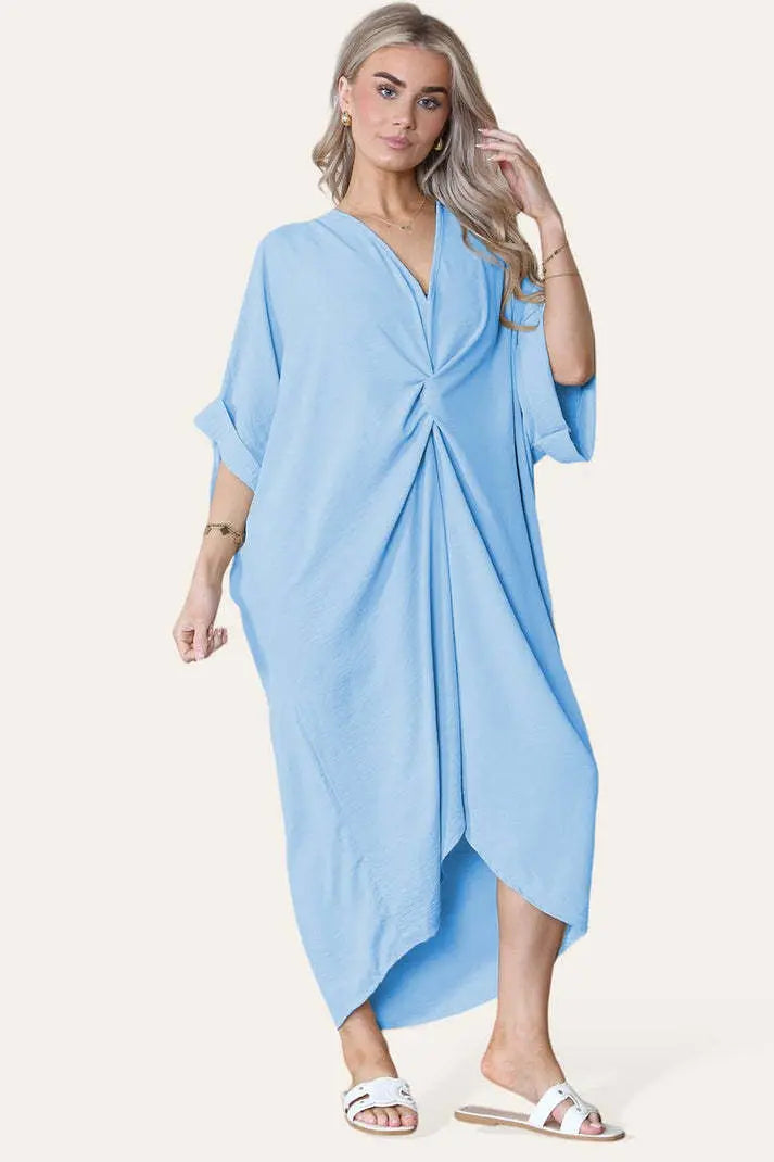 Womens V-Neck Tie Knotted Twisted Front Oversized Longline Midi Dress Angel Wishes