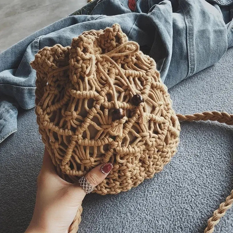 Women's Round Diagonal Cotton Crochet Tassel Small Bag Angel Wishes