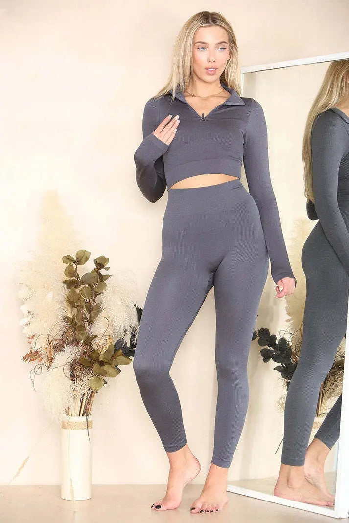 Ribbed Tracksuit Two Piece Set With Half Zip Detail Gym Loungewear Angel Wishes