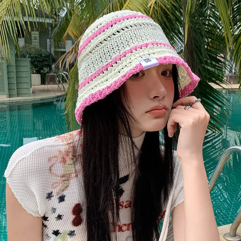 Color Matching Sweet Woven Straw Hat Female Beach Sun-proof Breathable Bucket Hat Angel Wishes