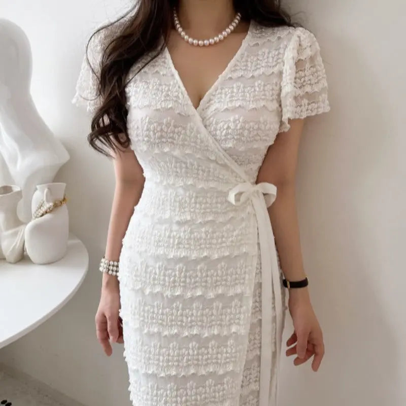One-piece Lace Crochet Flying Sleeves Dress Female Summer Elegance V-neck Angel Wishes