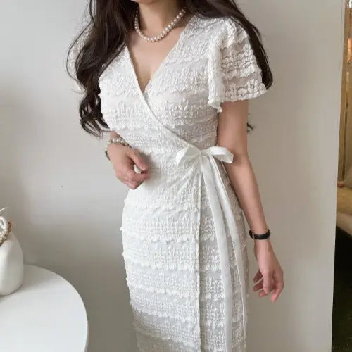 One-piece Lace Crochet Flying Sleeves Dress Female Summer Elegance V-neck Angel Wishes