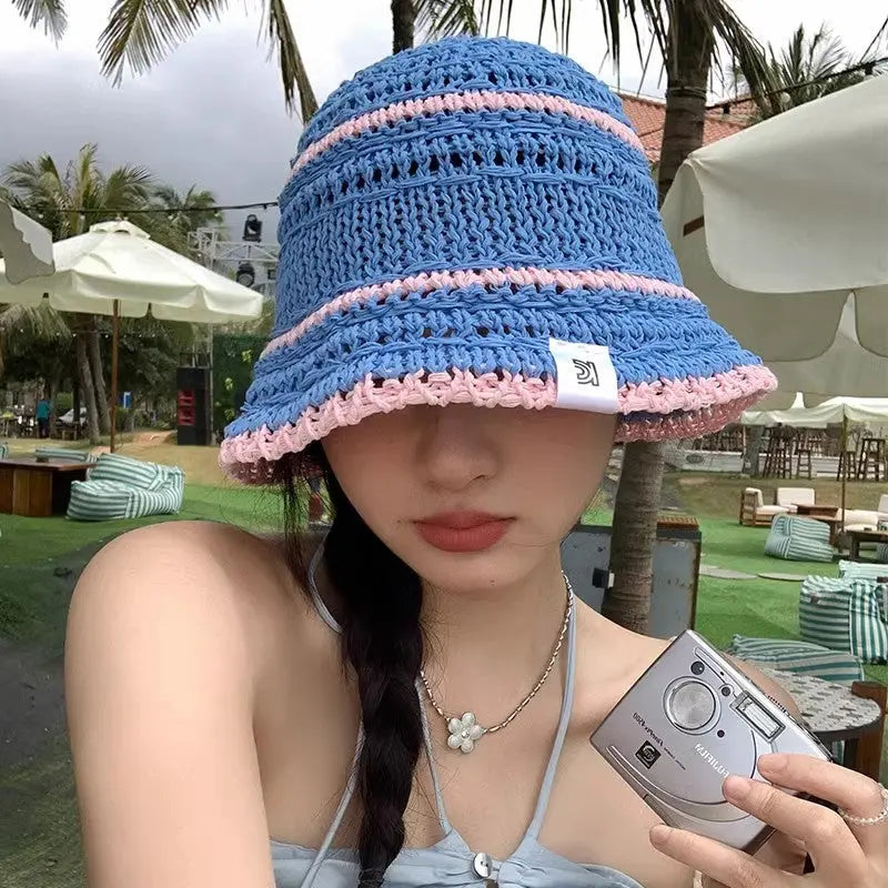 Color Matching Sweet Woven Straw Hat Female Beach Sun-proof Breathable Bucket Hat Angel Wishes