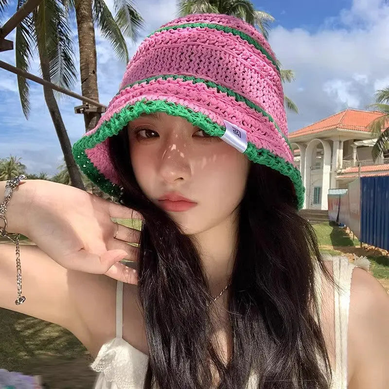 Color Matching Sweet Woven Straw Hat Female Beach Sun-proof Breathable Bucket Hat Angel Wishes