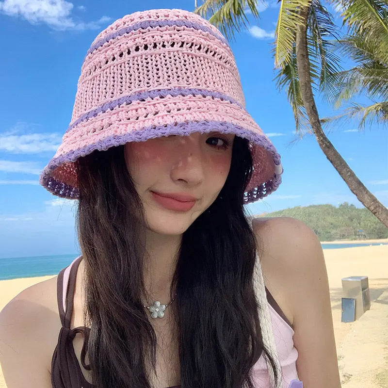 Color Matching Sweet Woven Straw Hat Female Beach Sun-proof Breathable Bucket Hat Angel Wishes