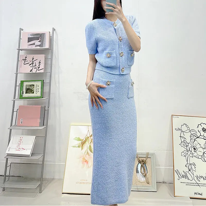 Round Neck Slim-fit Knitted Short Sleeve Cardigan Top Hip Skirt Fashion Suit Women Angel Wishes