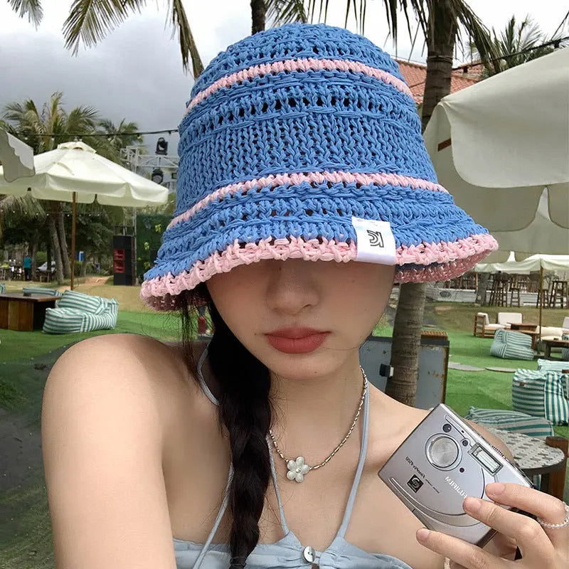 Color Matching Sweet Woven Straw Hat Female Beach Sun-proof Breathable Bucket Hat Angel Wishes