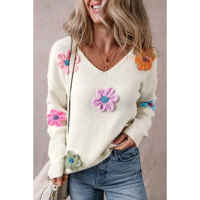 Winter New Flower Crochet V-neck Pullover Sweater Women Angel Wishes