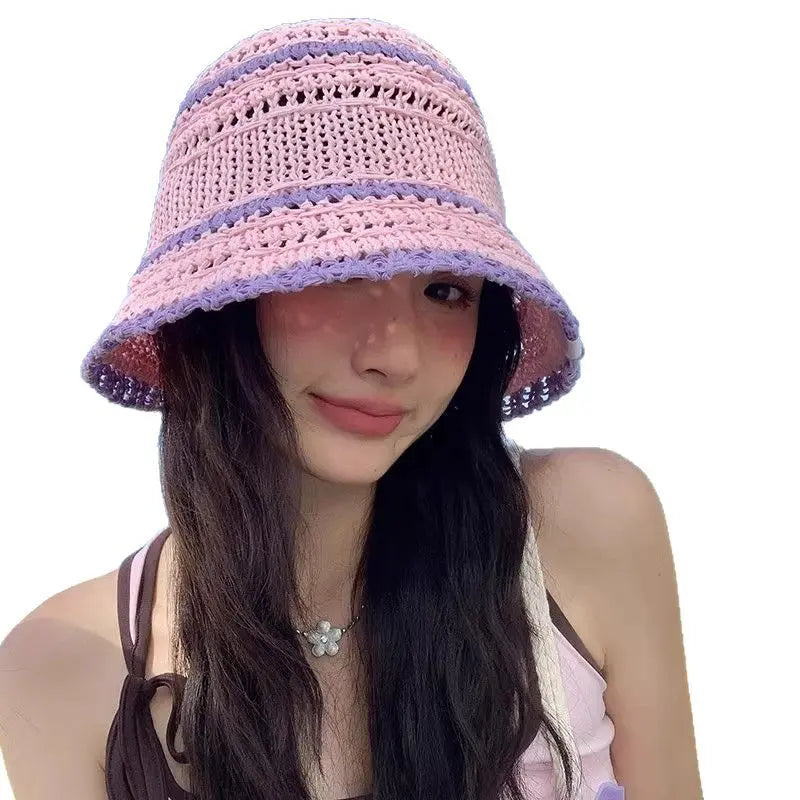 Color Matching Sweet Woven Straw Hat Female Beach Sun-proof Breathable Bucket Hat Angel Wishes