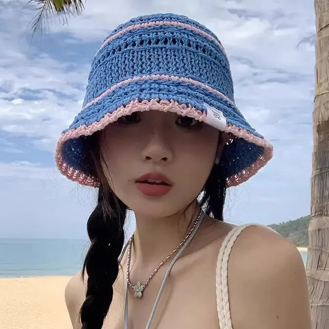 Color Matching Sweet Woven Straw Hat Female Beach Sun-proof Breathable Bucket Hat Angel Wishes