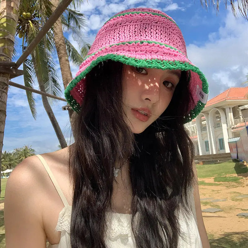 Color Matching Sweet Woven Straw Hat Female Beach Sun-proof Breathable Bucket Hat Angel Wishes