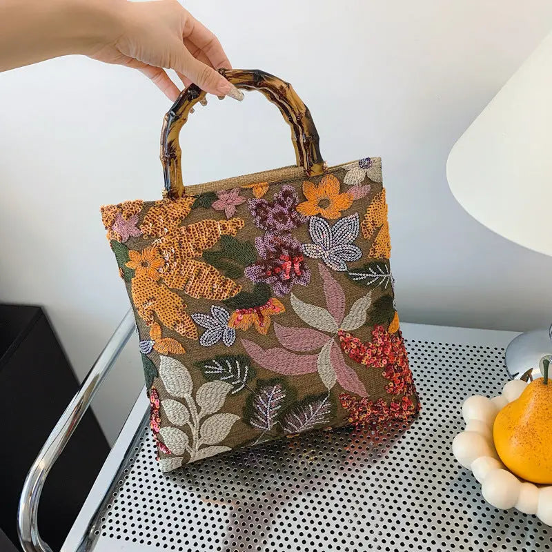 Colorful Sequins Vintage Embroidered Bamboo Handbag Angel Wishes