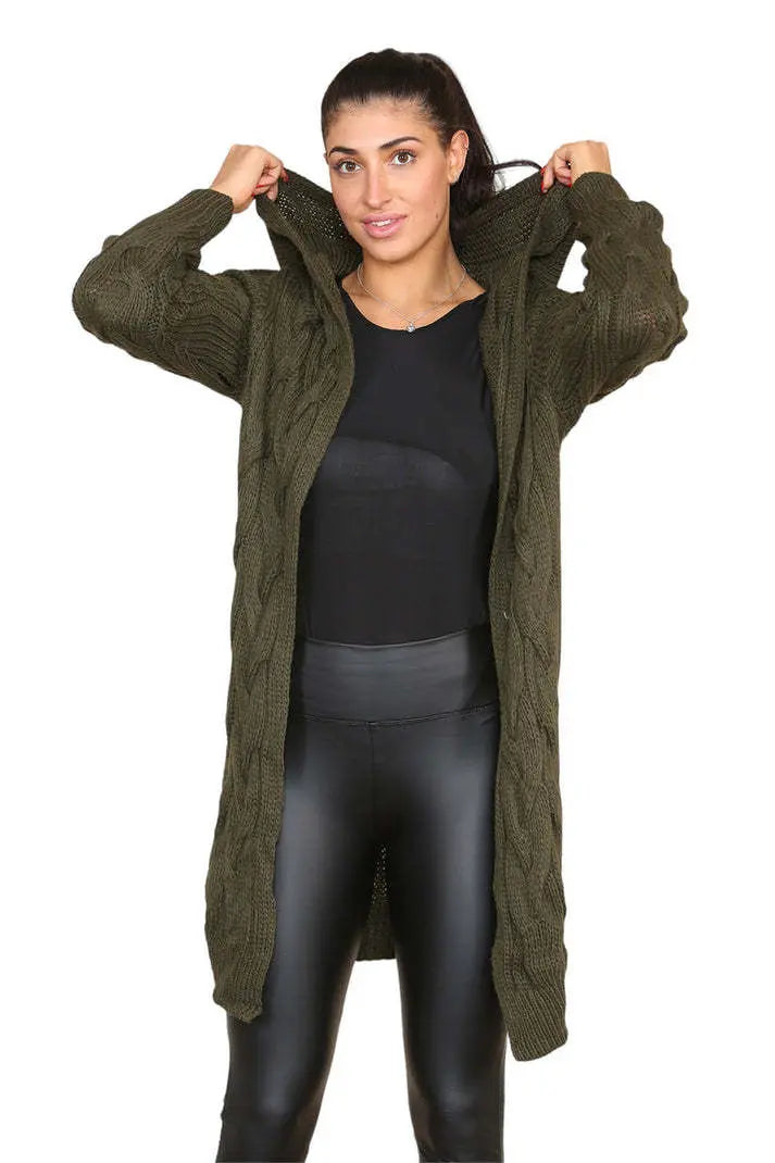 Knitted Cables Hooded Long Over Sized Cardigan Angel Wishes