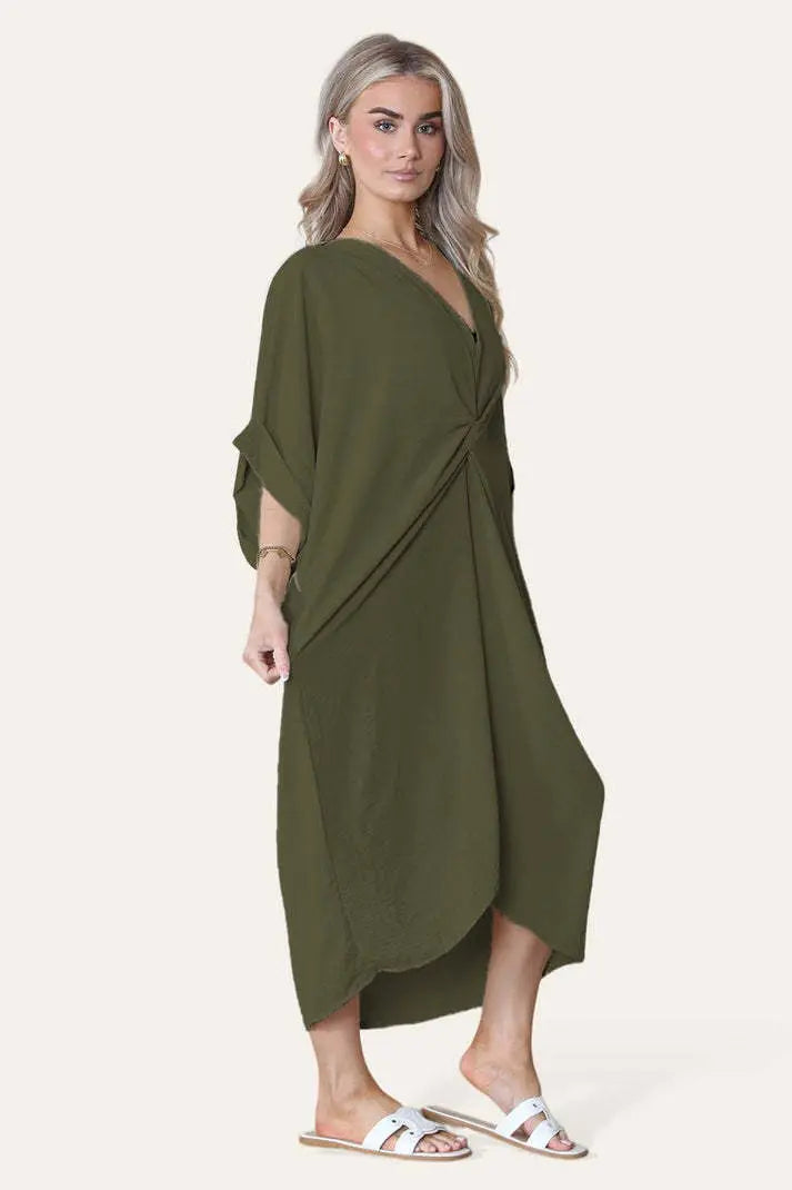 Womens V-Neck Tie Knotted Twisted Front Oversized Longline Midi Dress Angel Wishes