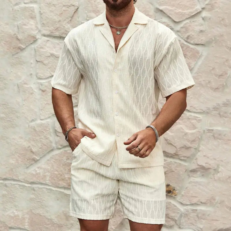 Men Tracksuits Summer Fashion Solid Loose Casual Two Pieces Lapel Button Shirt Shorts Beach Holiday All-match Outfits Male Angel Wishes