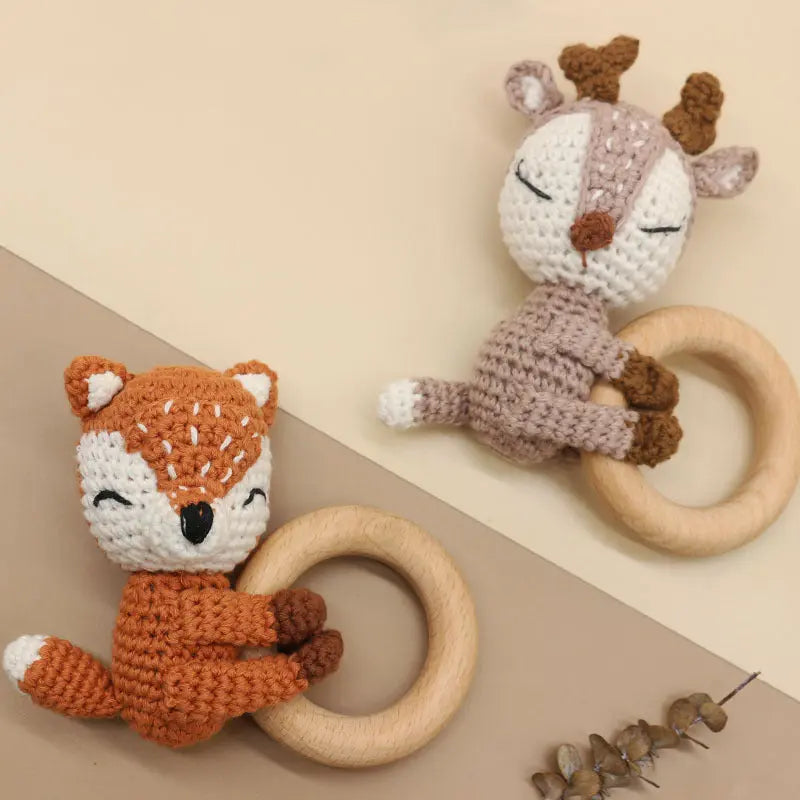 Handmade Crochet Fox Elk Rattle Toy Baby Molar Teether Angel Wishes