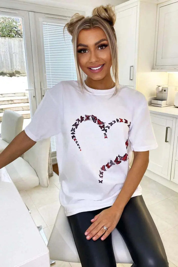 Ladies Oversized Printed Heart Short Sleeves T Shirt Top Angel Wishes