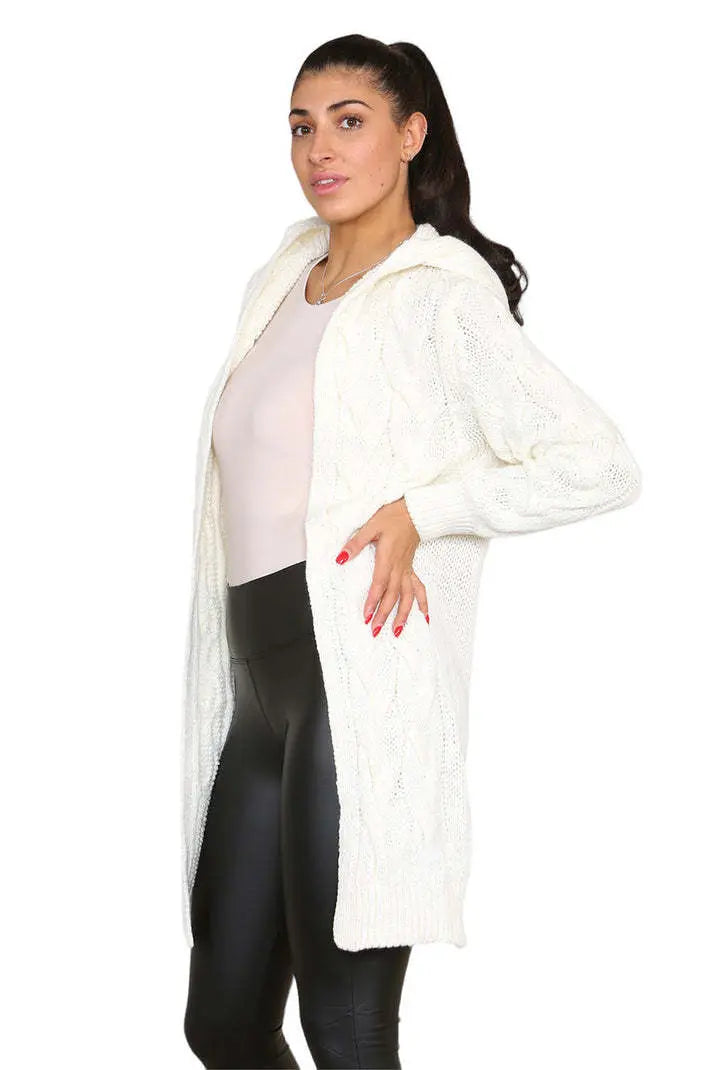 Knitted Cables Hooded Long Over Sized Cardigan Angel Wishes