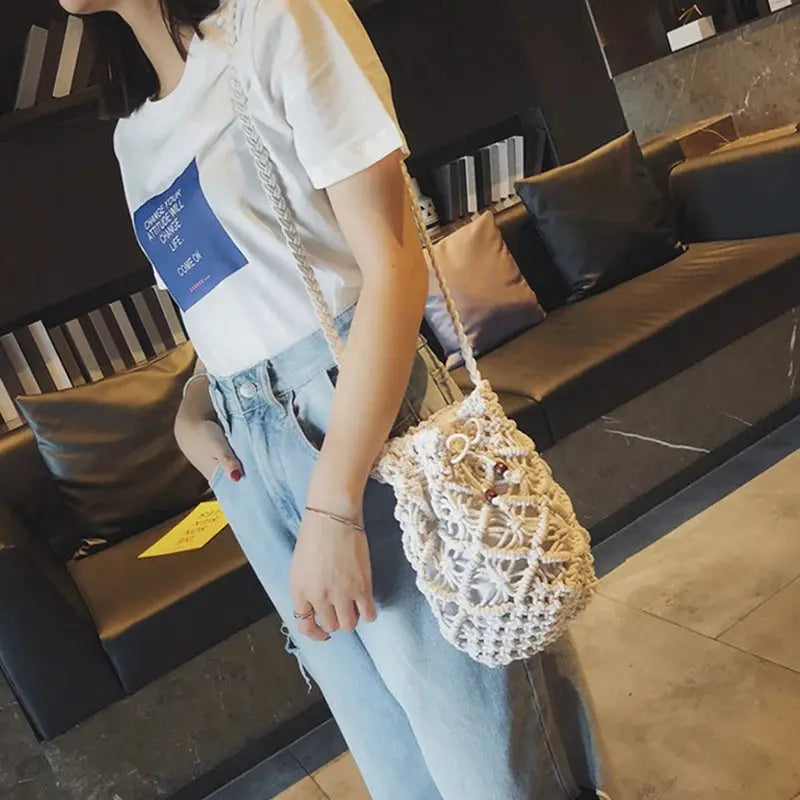 Women's Round Diagonal Cotton Crochet Tassel Small Bag Angel Wishes