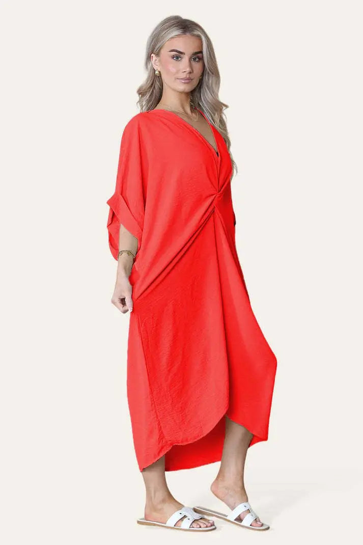 Womens V-Neck Tie Knotted Twisted Front Oversized Longline Midi Dress Angel Wishes