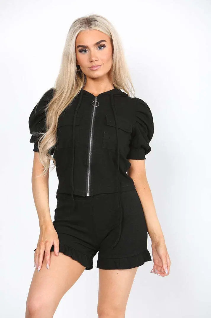 Front Pocket Zip Up Suit Ribbed Hooded Lounge Wear Short Set Angel Wishes